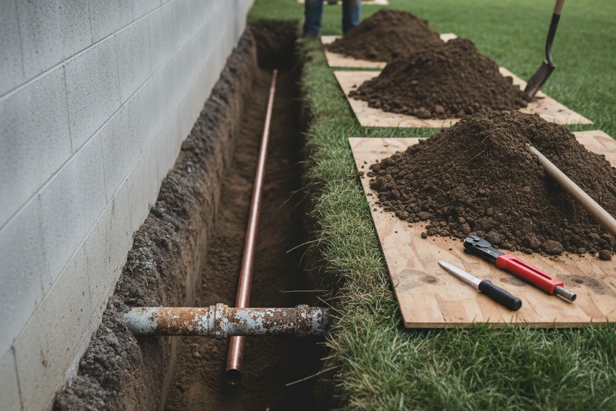 Excavated water line trench during Water Softener Installation in Brookeville